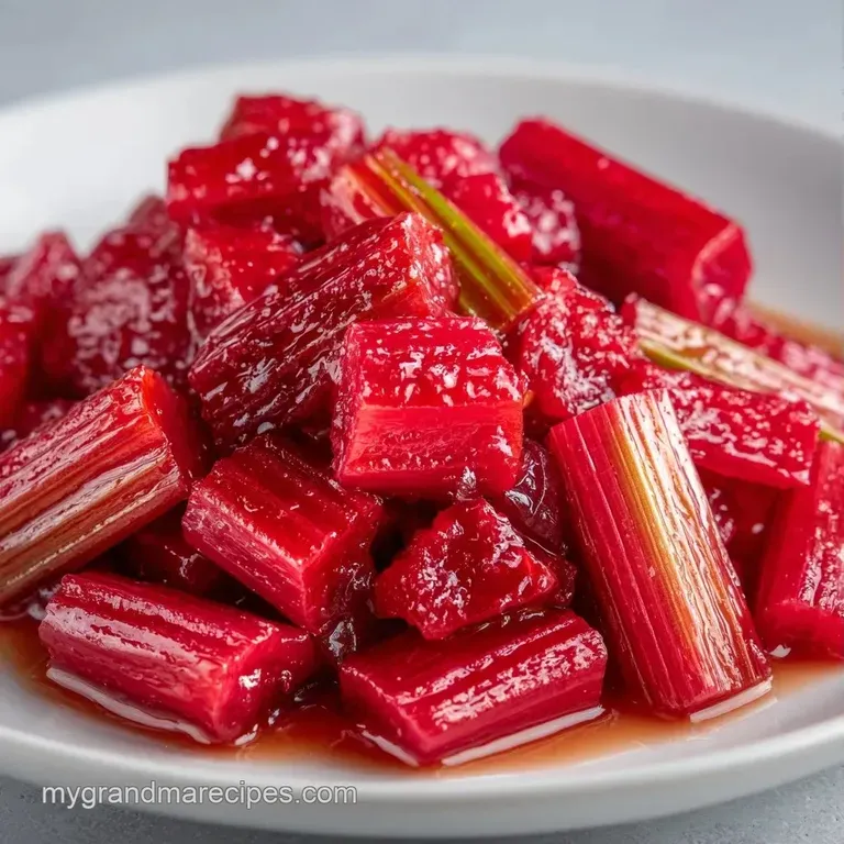 A spoonful of glistening red rhubarb compote plated on white porcelain with a dollop of thick clotted cream