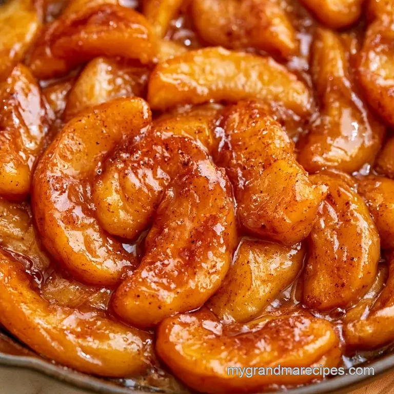 A warm slice of apple tart topped with a melting scoop of vanilla ice cream and a rich drizzle of caramel.