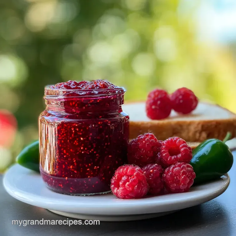 Vibrant red raspberry jam in a glass jar beside toasted bread; glistening spread with tiny green flecks catch the light.