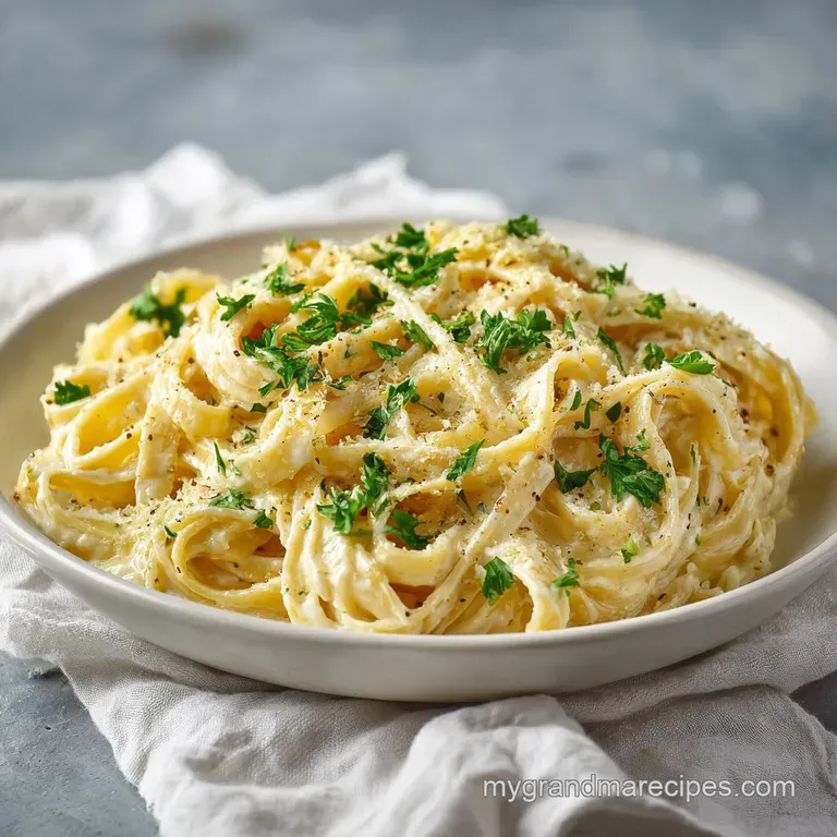 Elegant plate of fettuccine alfredo, flecked with parsley, garlic, and pepper. A simple, comforting dish ready to be enjoyed.