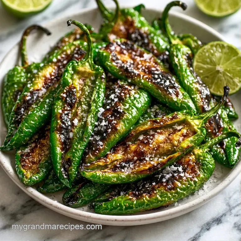 Charred green peppers arranged neatly on a white plate with a drizzle of oil and a sprig of fresh cilantro.