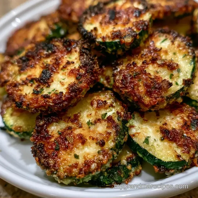 Sliced zucchini rounds with melted cheese crust arranged on a white ceramic platter with a sprig of fresh thyme.