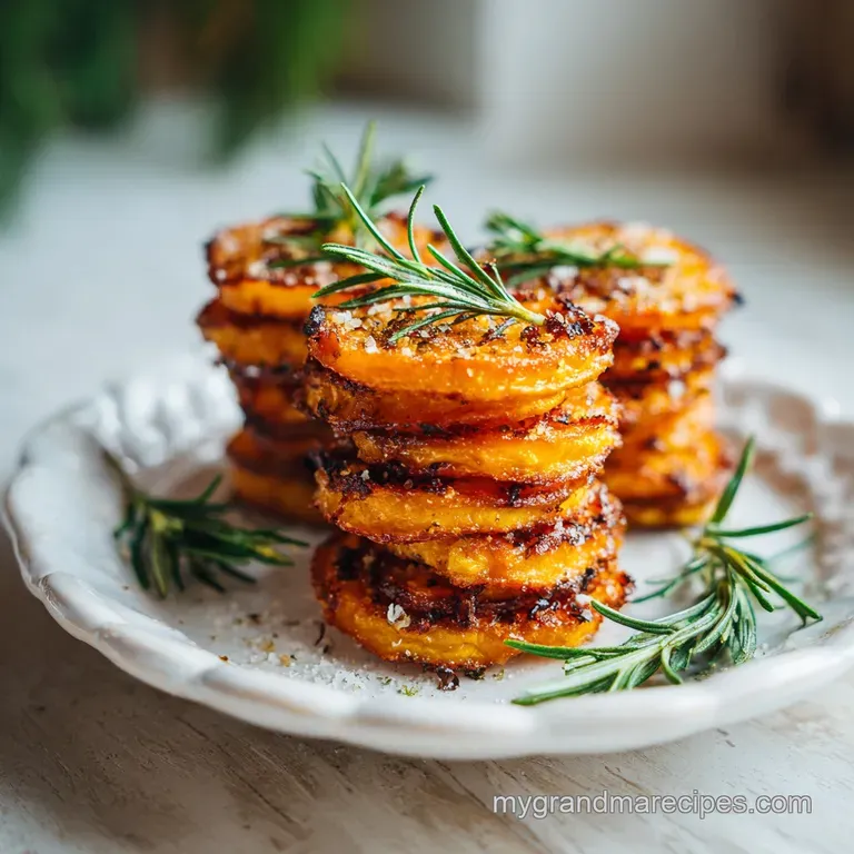 Tower of warm sweet potato slices, rosemary-parmesan crust glistening, plated with vibrant green garnish. Inviting present...