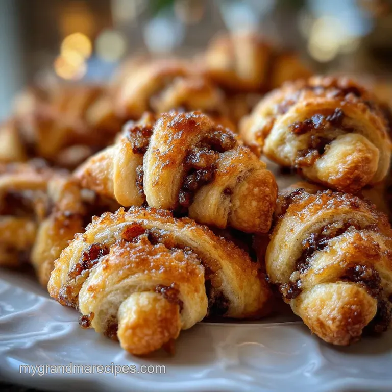 Elegant plate of rugelach cookies, their delicate crescent shapes showcasing flaky layers and a delicious, nutty filling, ...