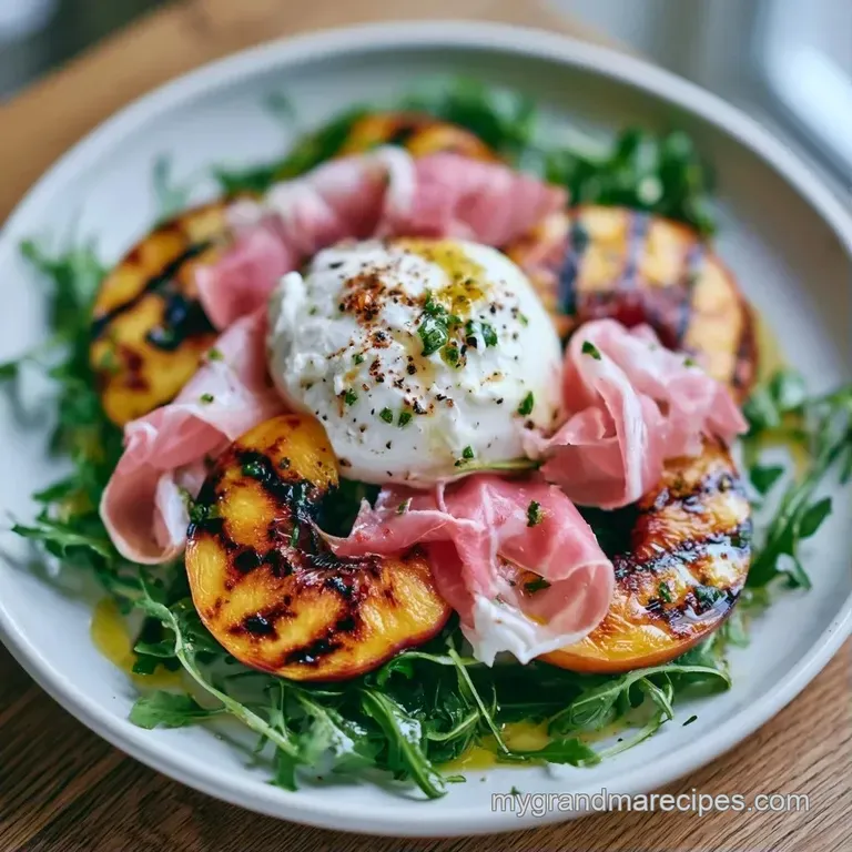 Vibrant green leaves topped with golden caramelized peach wedges and white cheese crumbles on a matte white plate.