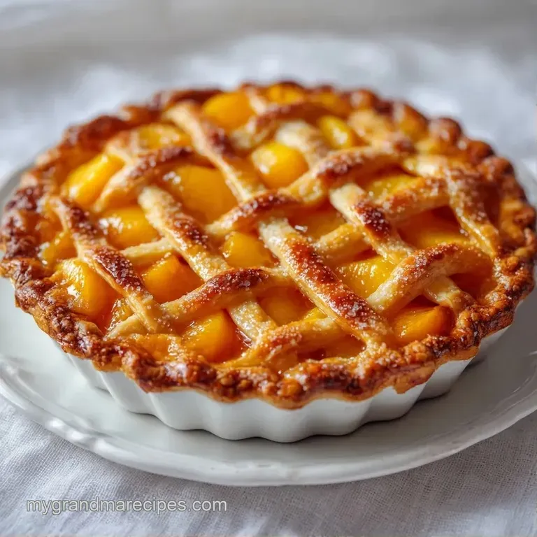 Warm slice of golden fruit pie on a white porcelain plate with a scoop of melting vanilla bean ice cream.
