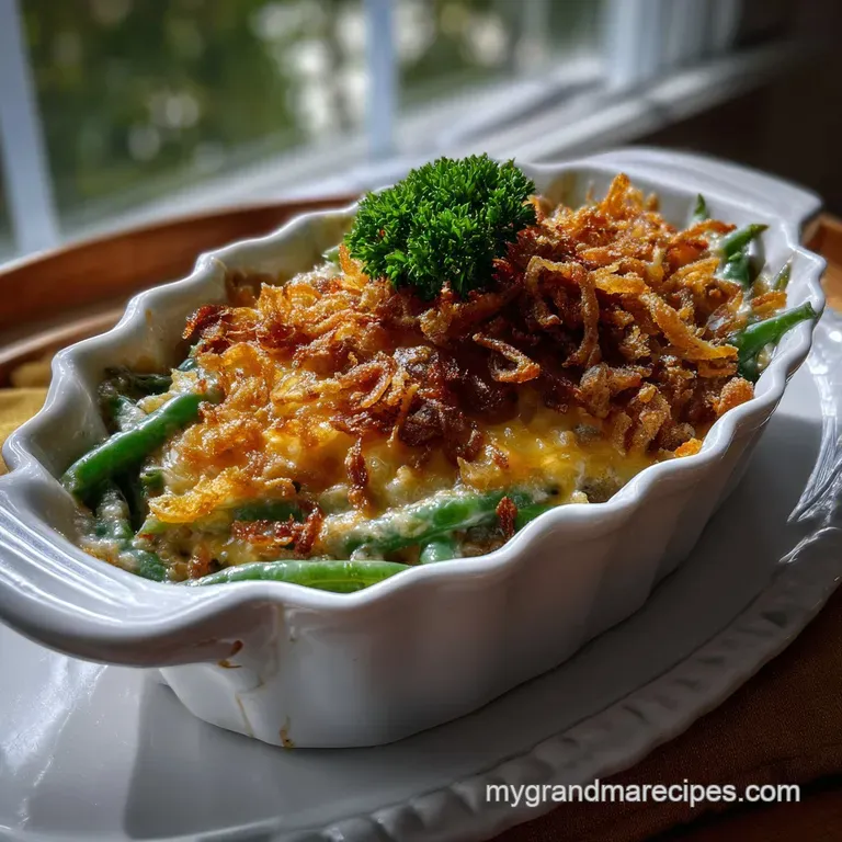 Elegant white plate showcasing a portion of the casserole; the mushroom velout&eacute; glistens, with tender green beans and cris...
