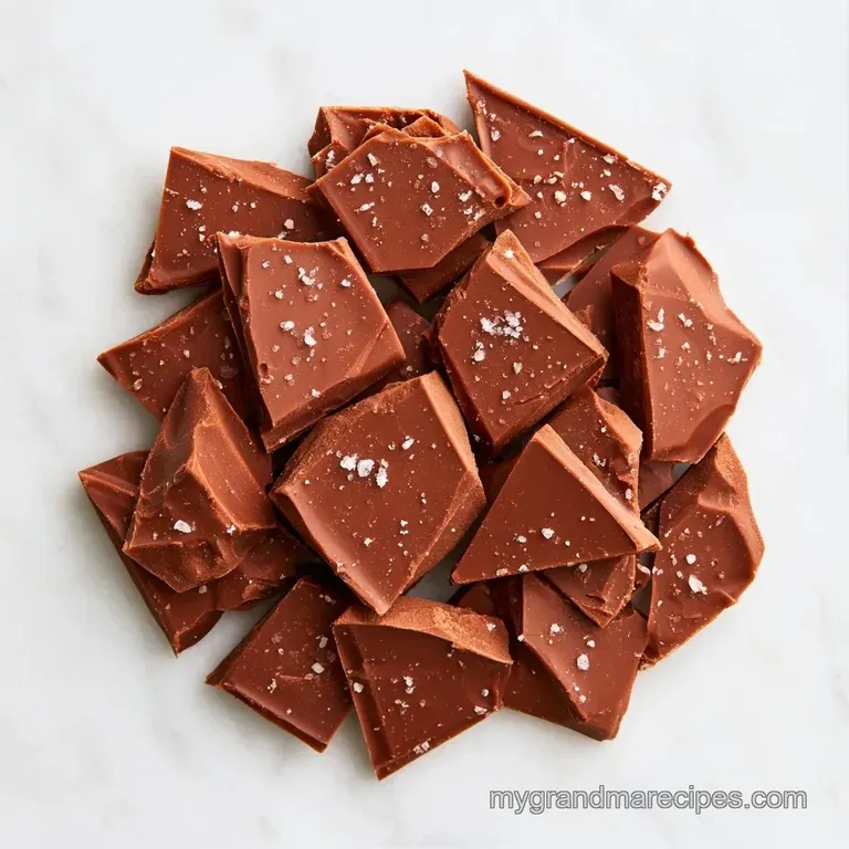 Thin chocolate pieces arranged artfully on a marble slab with a dusting of fine sea salt and cocoa powder.
