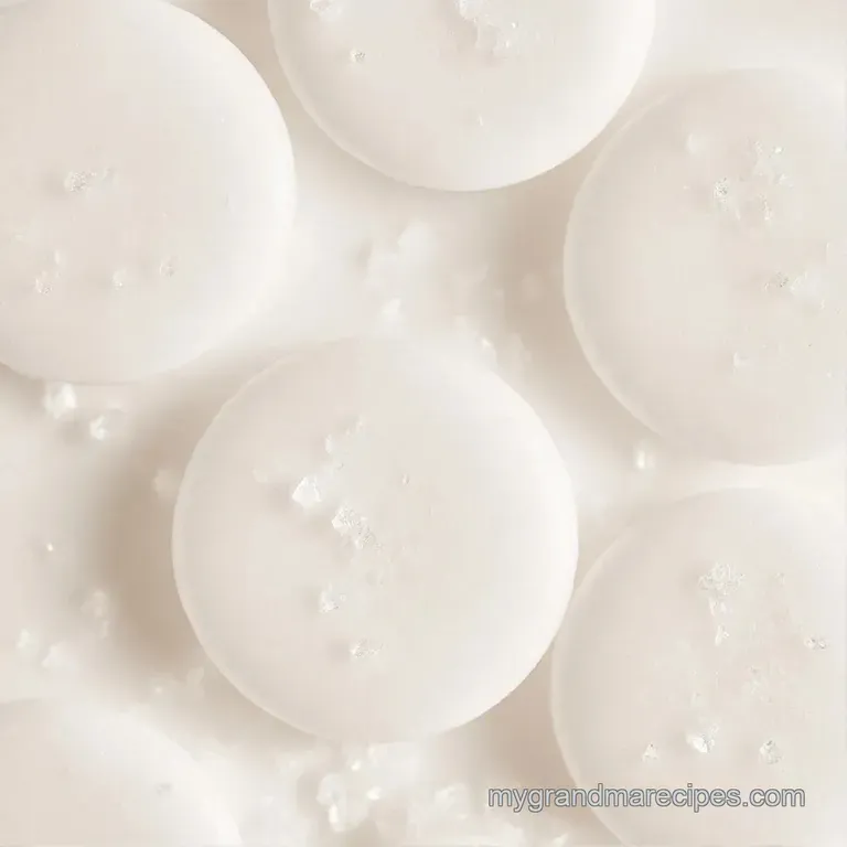 Smooth, white mints arranged in a crystal jar with a silk ribbon and a fresh green mint sprig for contrast.