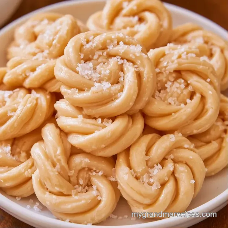 Neatly stacked ivory-colored candy twists arranged on a ceramic plate, dusted with shimmering sea salt flakes.