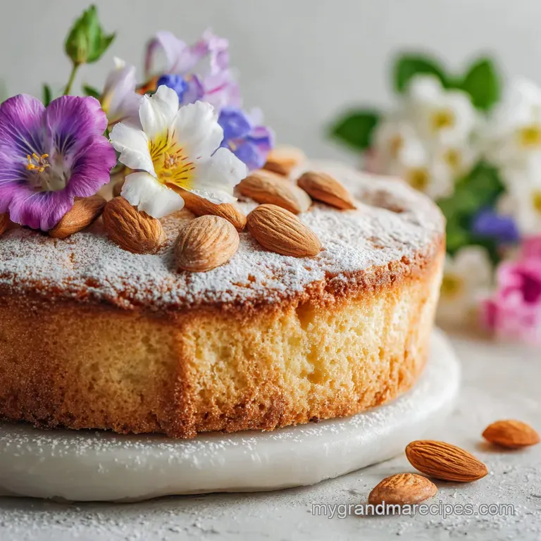 Slice of light almond cake, delicately plated with fresh raspberries and a light dusting of confectioner's sugar, a perfec...