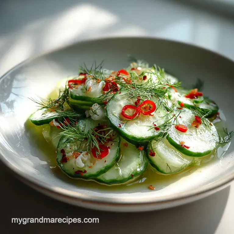 A mound of cool cucumber salad, glistening with a light vinaigrette, served in a white bowl. Fresh green dill adds brightn...