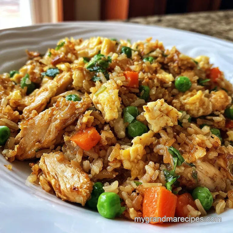 Chicken fried rice artfully arranged on a white plate. Glistening grains, crisp scallions, and golden chicken create a bal...