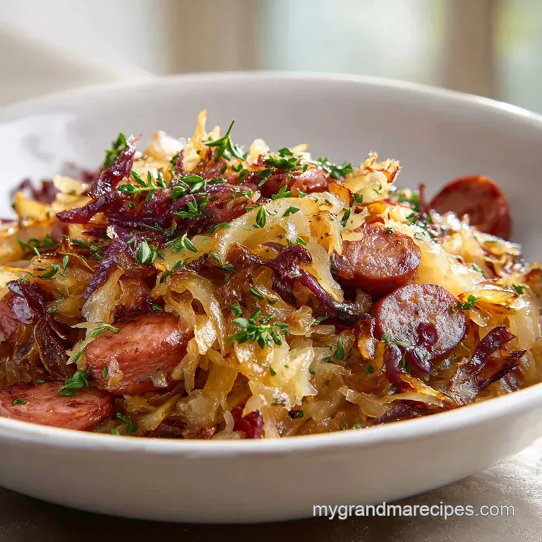 Plated kielbasa and sauerkraut with a dollop of sour cream and fresh dill, showcasing vibrant colors and textures on a whi...