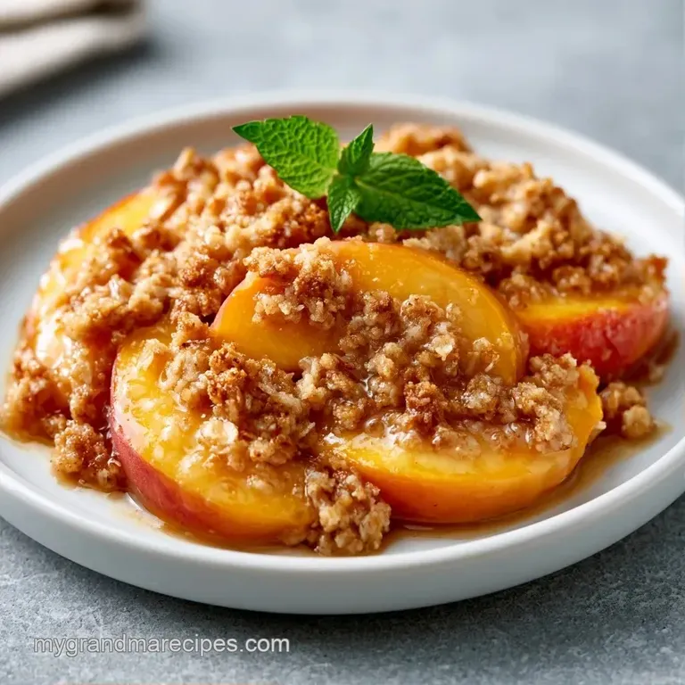 A scoop of warm fruit crumble topped with a melting dollop of vanilla ice cream in a clean white porcelain bowl.