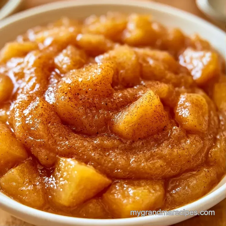 Soft golden apple puree in a white porcelain bowl, garnished with a cinnamon stick and a sprinkle of nutmeg.