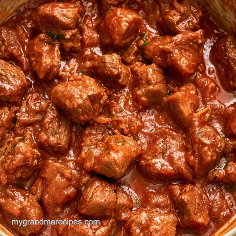 Hearty beef stew in a shallow white bowl topped with a swirl of cream and chopped parsley on a dark wood table.