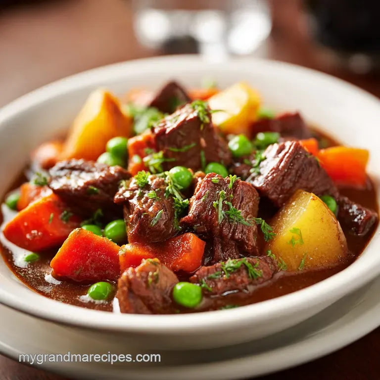 A spoonful lifting tender beef and vibrant vegetables from a bowl of slow-cooked stew, garnished with parsley, hints of re...