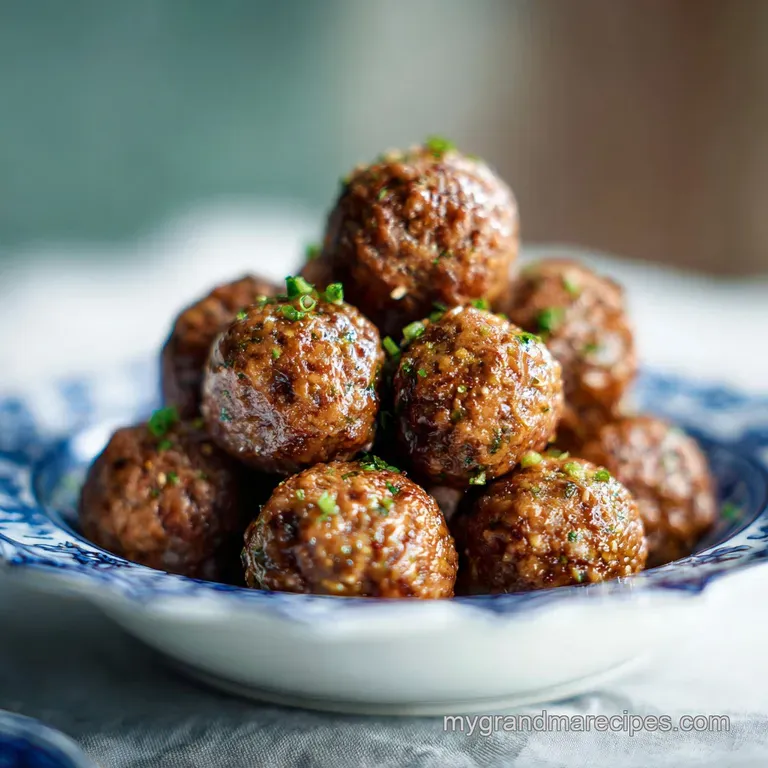 A pile of savory meatballs coated in sauce is presented on a white plate, and sprinkled with fresh green scallions for bri...