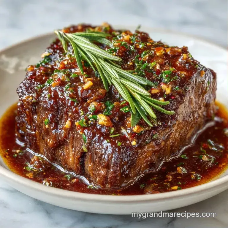 Thinly sliced beef on a bed of mashed potatoes with vibrant carrots and a drizzle of rich, shimmering brown gravy.
