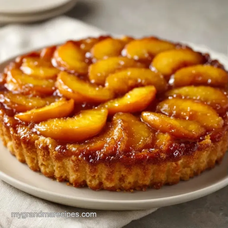 Golden pastry crust over jammy orange fruit, topped with melting vanilla ice cream on a white porcelain plate.