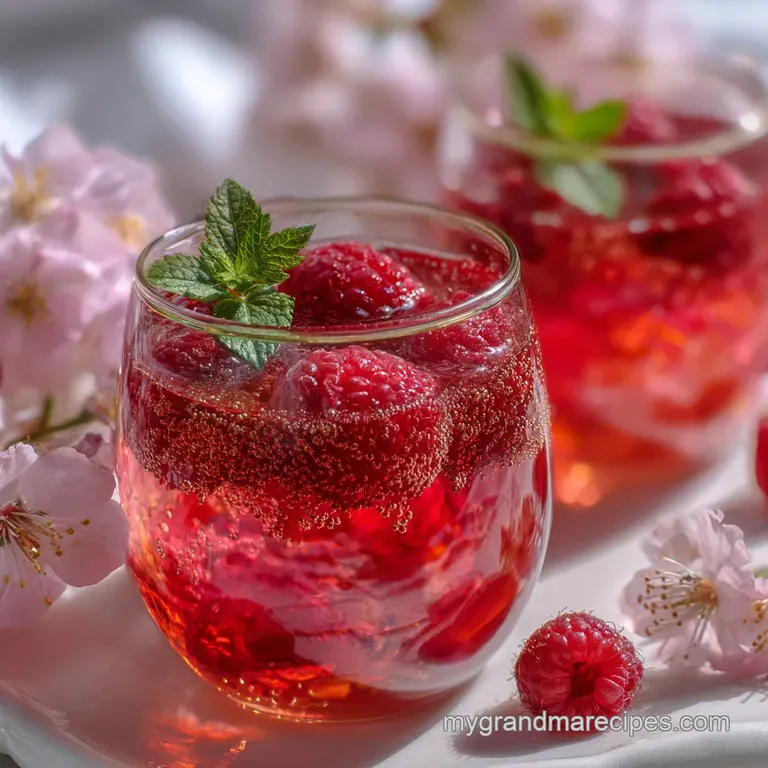 Elegant stemmed glass filled with a ruby red, bubbly mocktail, adorned with a raspberry skewer, set on a reflective surface.
