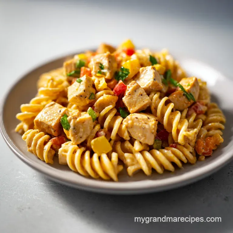 Elegant white bowl of creamy pasta mixed with golden chicken and bright green herbs on a rustic wooden tabletop.