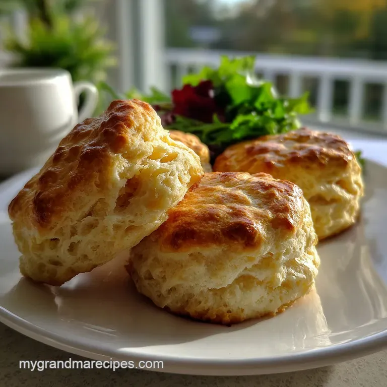 Two flaky, warm biscuits split open, revealing a soft, buttery interior and served beside a pat of melting butter and jam.