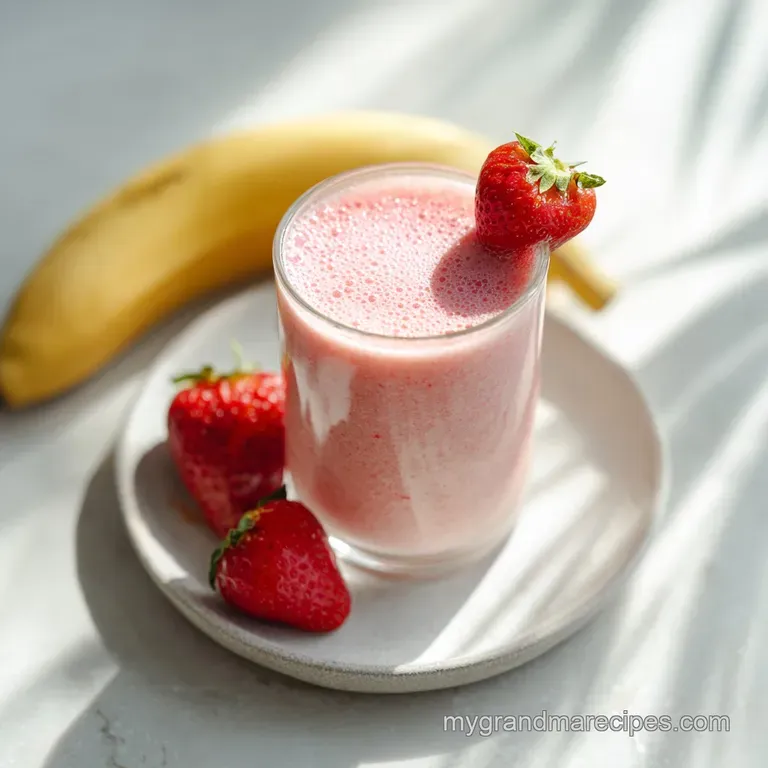 Frothy strawberry banana smoothie served in a tall glass with a straw, adorned with fresh fruit slices and a mint sprig.