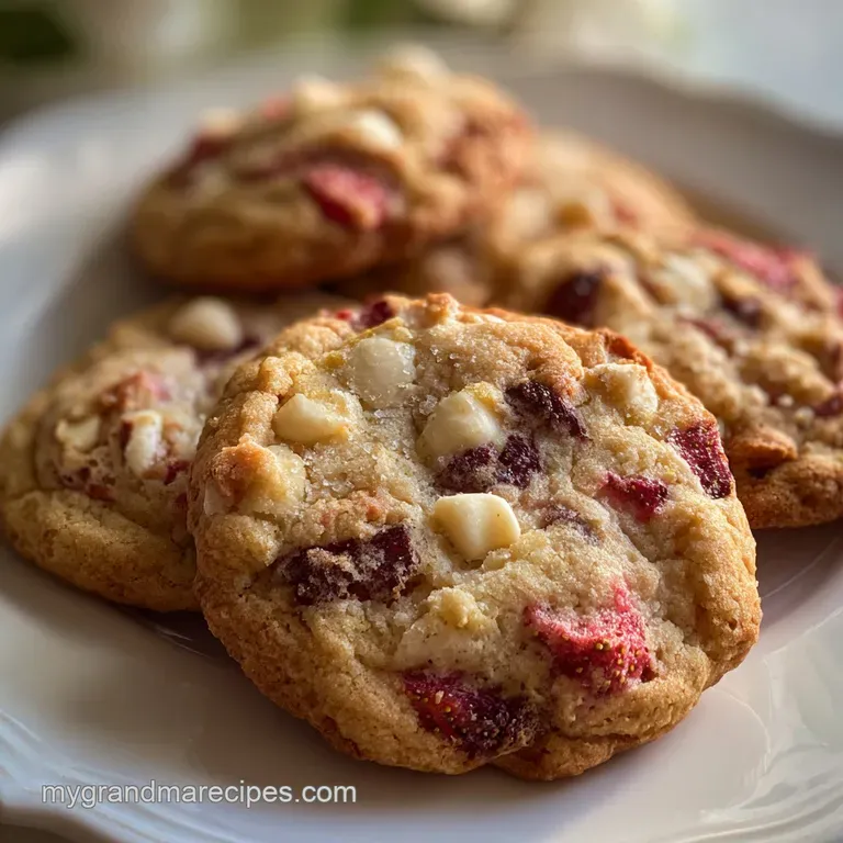 Stack of three strawberry chip cookies with melted chocolate, revealing a gooey interior, resting on a delicate, floral pl...
