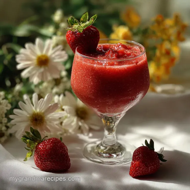 Elegant stemmed glass holding a pale pink daiquiri, ice crystals clinging. Simple strawberry garnish adds a touch of sophi...