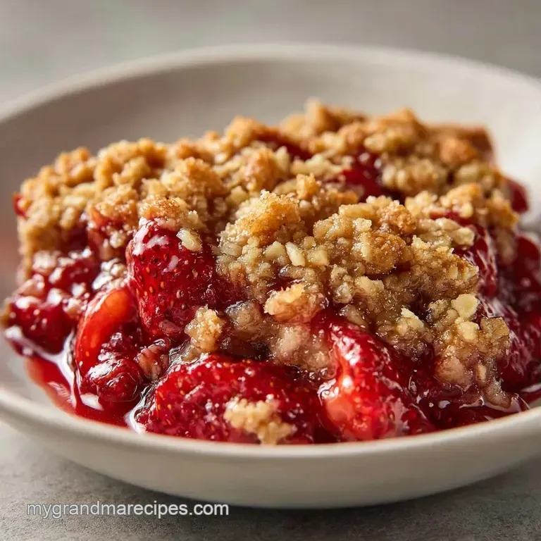 A scoop of warm berry crumble topped with melting vanilla ice cream and a fresh mint leaf on a white plate.