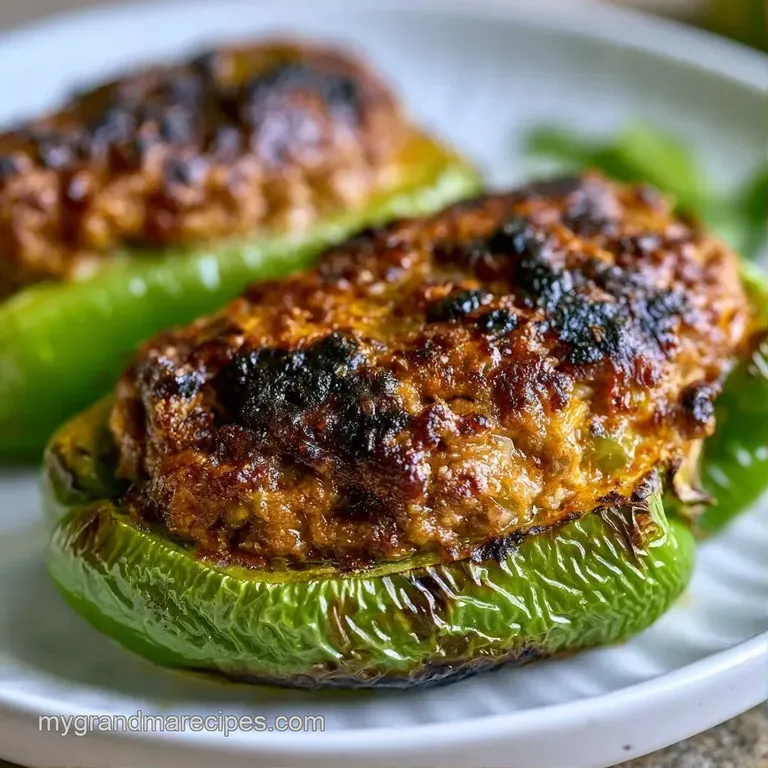 Three charred green peppers filled with savory meat on a white platter, garnished with sliced avocado and lime wedges.