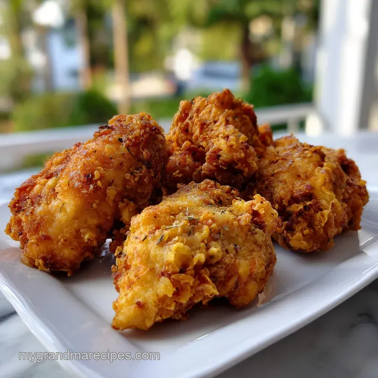 Tender, juicy fried chicken elegantly plated with a vibrant green herb garnish, creating a beautiful contrast of colors an...