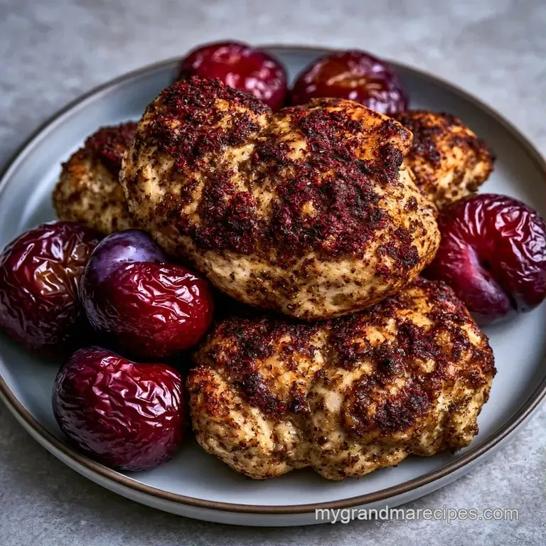 Plated golden chicken thighs nestled among roasted purple plums on a white ceramic dish with a sprinkle of fresh herbs.