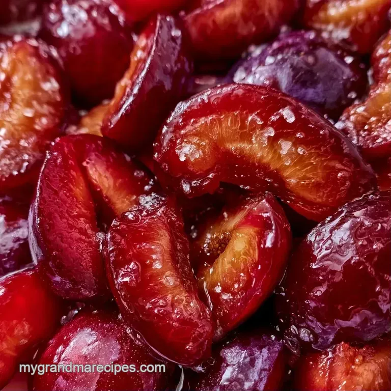 Elegantly plated purple plum slices and white feta crumbles drizzled with honey on a minimal white ceramic dish.