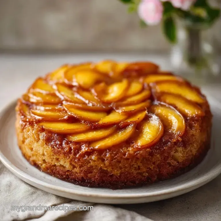 A moist slice of golden sponge cake with vibrant orange peach layers on a white plate with a fresh mint leaf.
