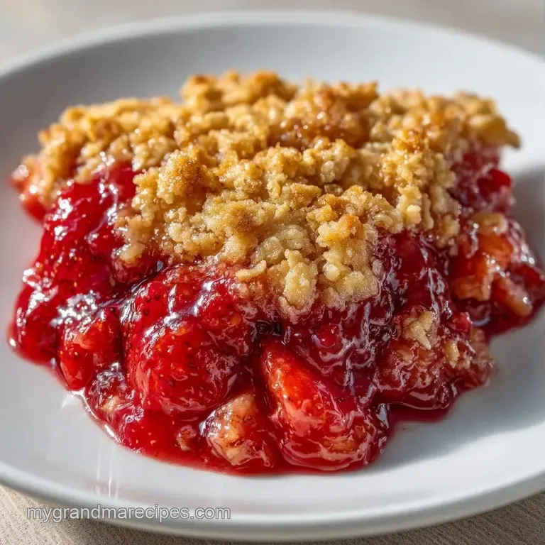 Warm red berry crisp served on a white plate with a dollop of cream and a sprig of fresh mint for garnish.
