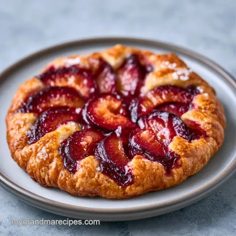 A slice of rustic fruit tart on a white ceramic plate with a dollop of whipped cream and a sprig of fresh mint