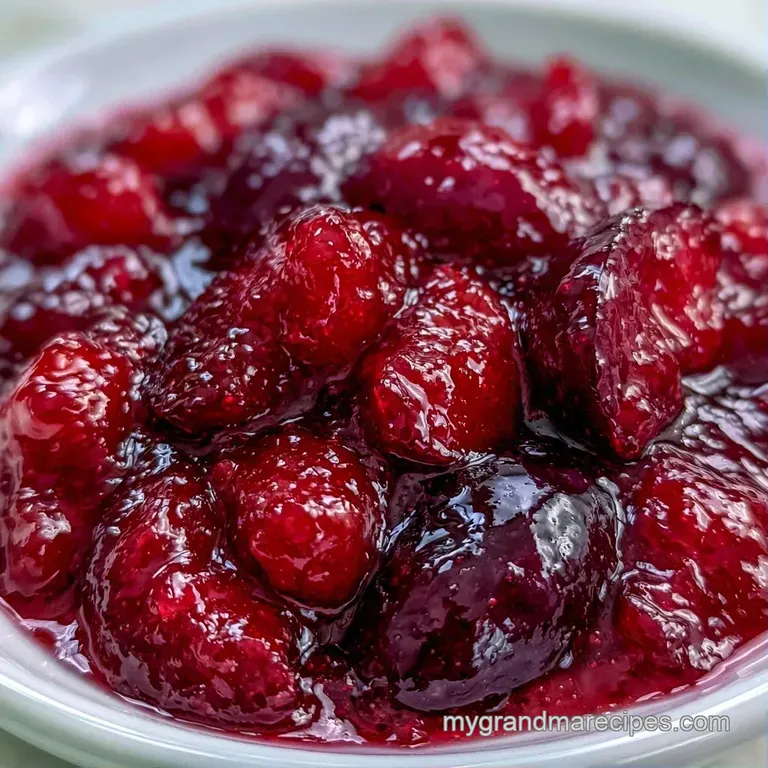 Ruby red fruit preserves drizzled over a dollop of thick white yogurt in a glass bowl, topped with a mint leaf.