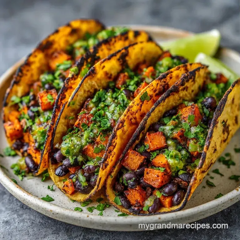 Three colorful tacos lined up on a ceramic platter with lime wedges and bowls of zesty salsa and white crema