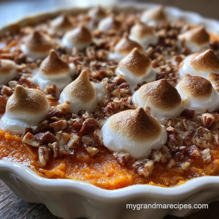 Creamy sweet potato casserole in a white dish, crowned with toasted mini marshmallows and crunchy pecan pieces on a wooden...