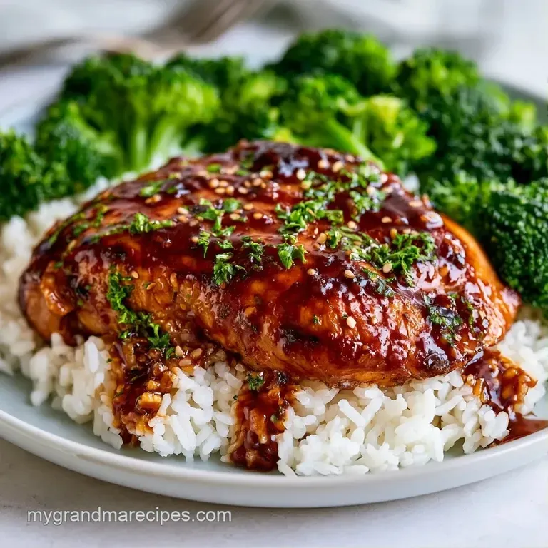 Glazed chicken pieces and colorful stir-fry vegetables arranged neatly over a bed of steaming white jasmine rice.