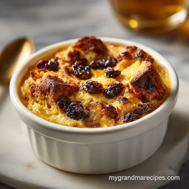 A generous slice of bread pudding artfully plated, drizzled with a rich, amber caramel sauce and a dusting of powdered sugar.