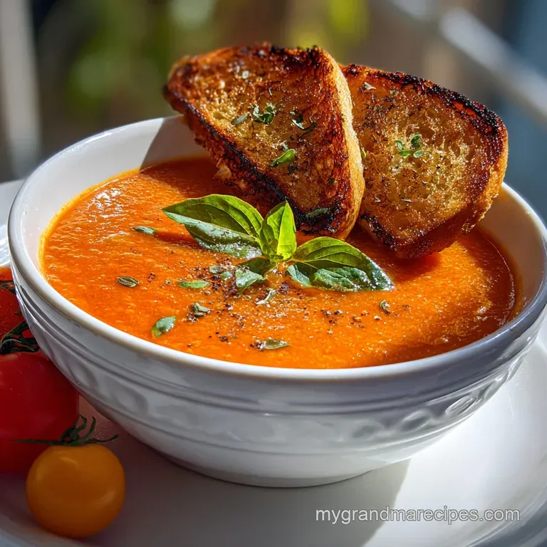 Elegant bowl of roasted tomato soup topped with fresh basil, a drizzle of cream, & served on a linen-draped table with a s...