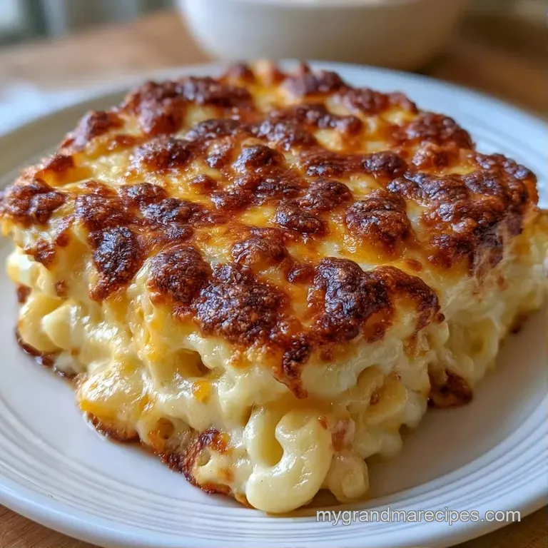 A square slice of cheesy pasta with melted edges on a white plate, garnished with a sprinkle of fresh parsley.