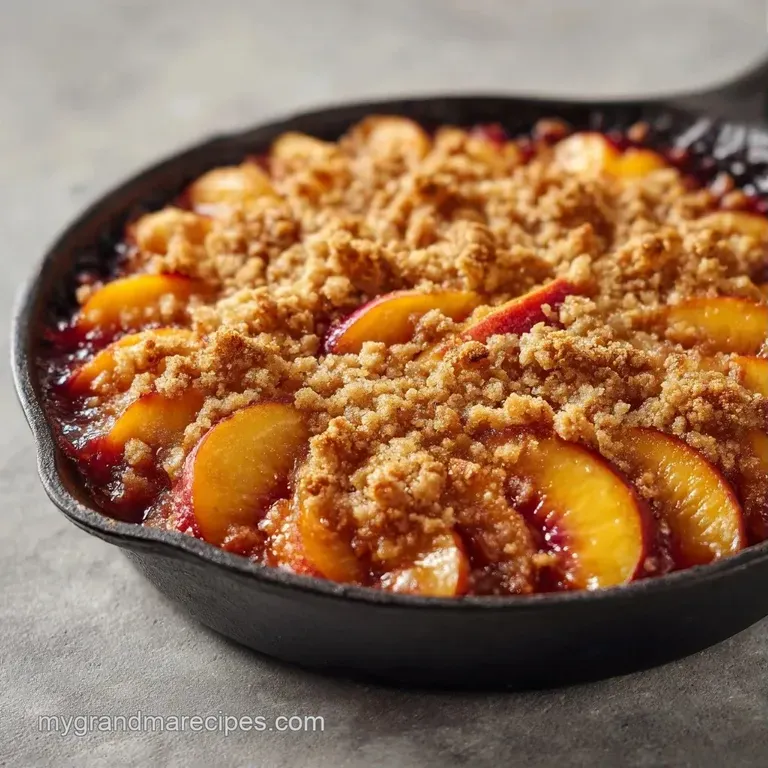 A warm scoop of golden fruit crumble served in a white bowl with a melting scoop of vanilla bean ice cream.