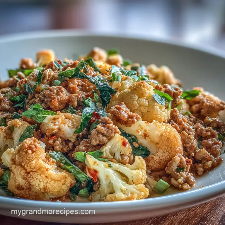 Close-up of the skillet dish in a bowl, steam rising, showcasing the textures of the browned turkey and tender cauliflower.