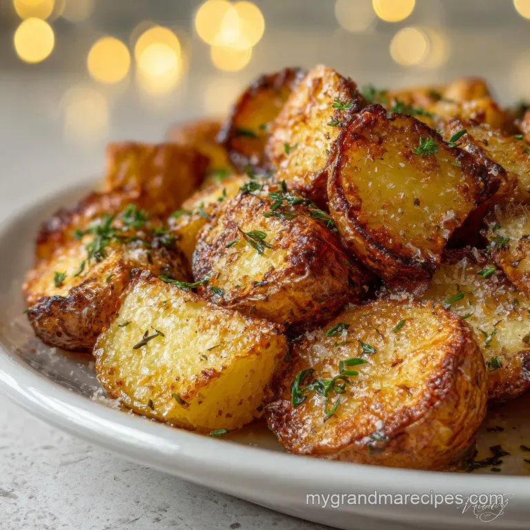 Perfectly plated roasted potatoes glistening with olive oil, sprinkled with fresh rosemary, alongside a sprig of thyme for...