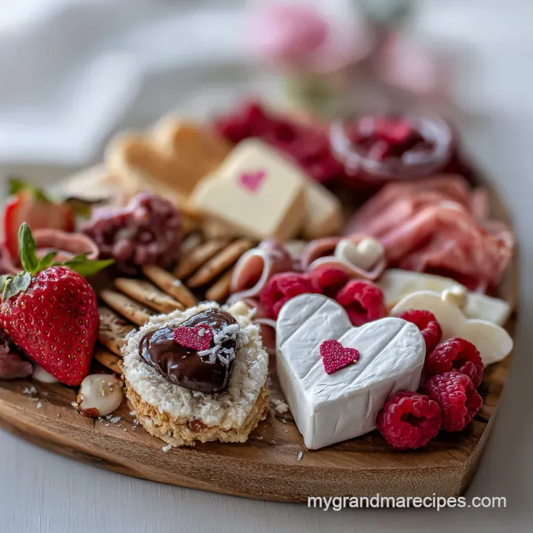 Artistic arrangement of cheeses, meats, and fruits on a small board. Soft lighting highlights textures; a romantic, shared...